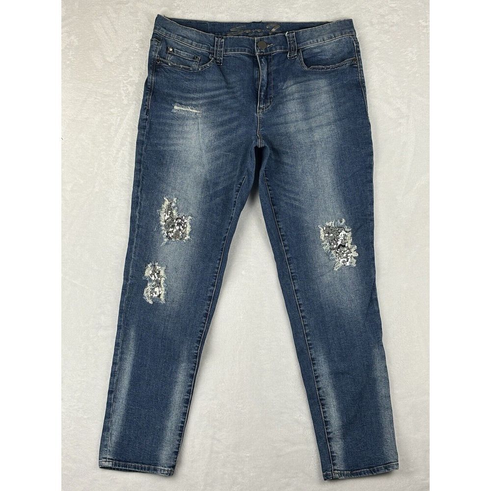 Seven 7 Jeans Womens Blue Girlfriend Mid Rise Distressed Jeans Size 14